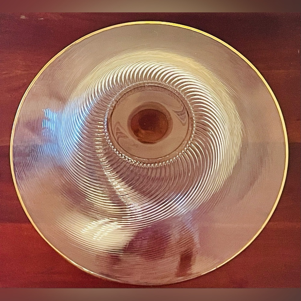 Vintage Murano-Style Spiral Optic Glass Centerpiece Gold Rimmed Bowl, 12 Inches - Picture 5 of 7